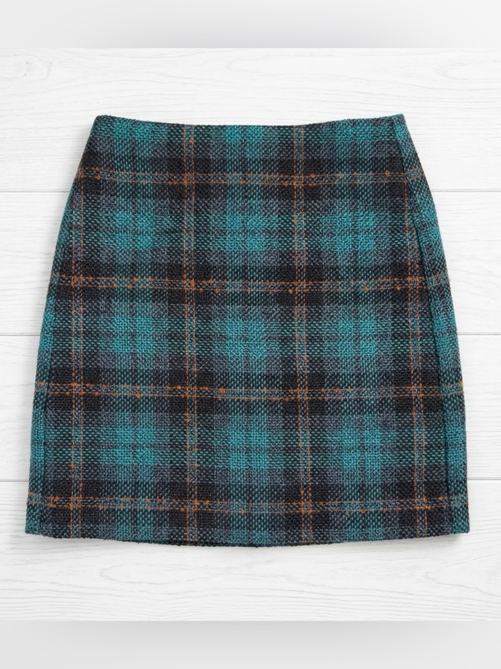LOFT Outlet 00P Teal Navy Plaid Tartan Thick Woven A-Line Winter Mini Skirt